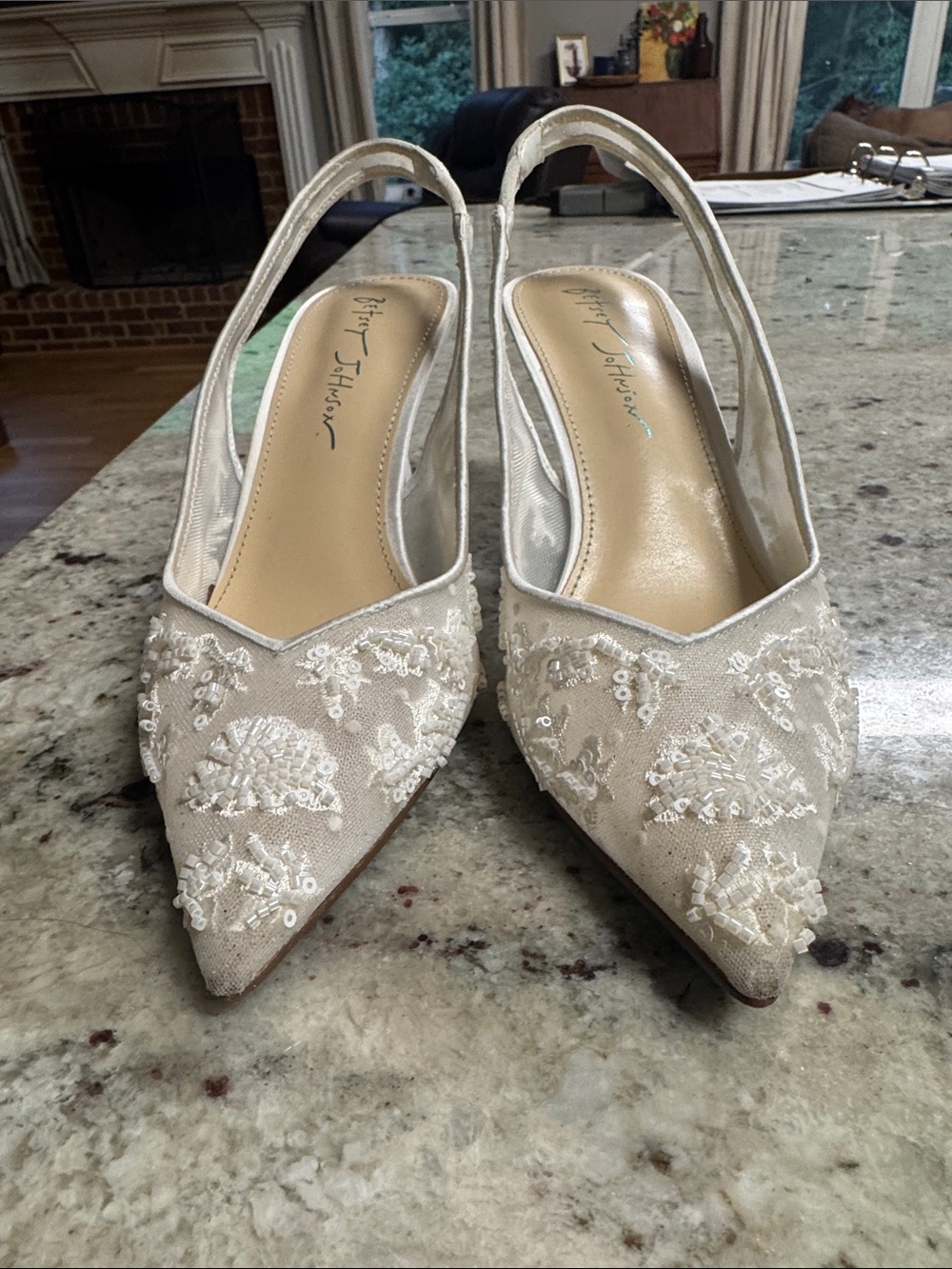 Betsey Johnson Ivory Embellished Pointed-Toe Slingback Mules